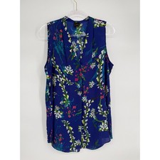 Worthington Womens Royal Blue Floral Sleeveless V-Neck Blouse Top Sz L picture