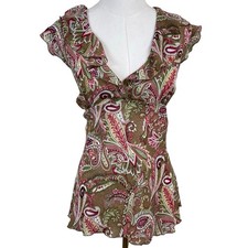 Vintage Cato Babydoll Blouse Women XL Brown Pink Paisley Flutter Sleeve Boho Y2K picture