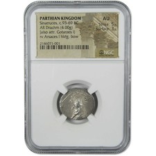 93-69 BC Sinatruces Parthian Kingdom Silver Drachm AU NGC Ancient picture