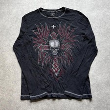Vintage No Boundaries Y2K Skull Wings Cross Thermal Shirt Mens L Black Skater picture