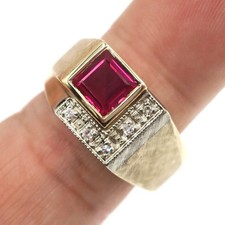 Mens Vintage Classis 10k Solid Yellow Gold Ruby Diamond Ring w Florentine Finish picture