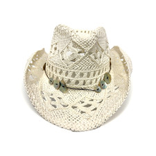 White Boho Cowgirl Hat Crochet Woven Band Shapeable Brim Western Summer Beach picture