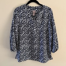 Chico’s Size 0 Blouse Navy White Abstract Print 3/4 Sleeve Tunic Top picture