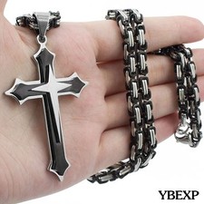 20''-36''Men Stainless Steel Cross Pendant Black Necklace Byzantine Box Necklace picture