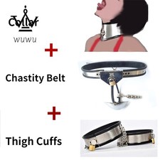 3pcs Male Chastity Belt Collar & Thigh Cuffs Lock Pants Bondage Stainless Steel picture