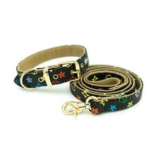 Black Dog Leash & Collar set, Designer Fashion Luxury Collar PU Leather Monogram picture