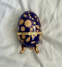 Vintage cobalt blue porcelain egg-shaped trinket jewelry box. 4 inch height picture