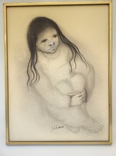 Vintage Michelle Michaux charcoal portrait girl signed framed picture