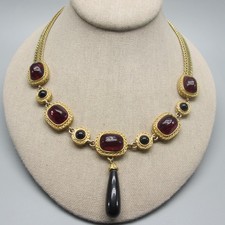 Vintage Moghul Necklace Red Black Cabochons Pendant Gold Tone Acrylic 18 Inch picture