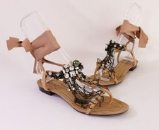 Lanvin Women's Beige Leather Rhinestone Chain Accent Flat Sandal Shoe 39 1/2 9.5 picture