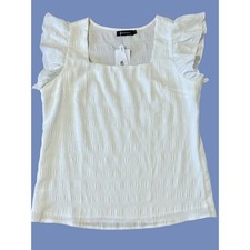 Merokeety White Ruffle Cap Sleeve Square Neck Textured Blouse Top Large NEW picture