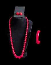 Vintage 80's Cherry Red Monet Necklace Unsigned Bracelet & Earrings Demi Parure picture