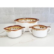 Vintage Pfaltzgraff Stoneware Casserole Servewear Set Cream Brown Drip Glaze 3pc picture
