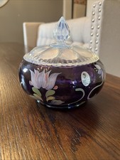 FENTON GLASS ROYAL PURPLE H/P SIGNED BY THE ARTIST  POWDER BOX , CANDY DISH picture