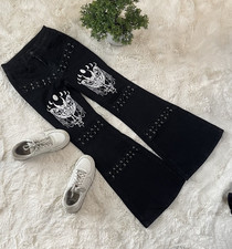 Gothicana by EMP Grace Black Lace Up Flared Jeans Moth Moon Womens Size S No Tag picture