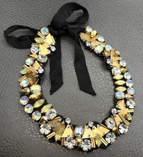 J Crew Crystal Rhinestone Statement Bib Necklace Black Fabric Ribbon Gold Tone picture