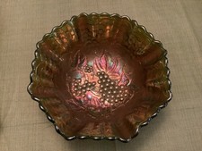 Vintage IMPERIAL GRAPE GREEN CARNIVAL GLASS LARGE 10” BOWL CONTEMPORARY HTF picture