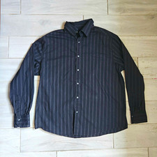 Claiborne Mens Modern Fit Black Gray Striped Cotton Stretch Button-Up Shirt XL picture