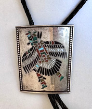 Rare Quiney Peynetsa Zuni Bird Man Eagle Silver Inlayed Bolo Tie picture
