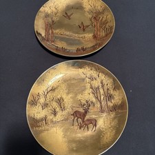Vintage Arlene Burns 1983 Wildlife Plates Deer Ducks Gold 8.5” Set of 2 picture