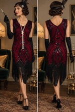 Red Black Sequin Fringe Gatsby Roaring 20’s costume with Accessories XS EUC picture