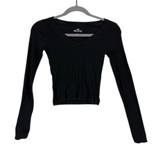 Hollister Shirt Juniors XS Black V Neck Long Sleeve Ribbed Knit Cropped Top picture