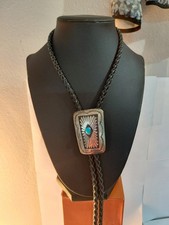 *Vintage Sterling Silver Turquoise Shadowbox Bolo Tie picture