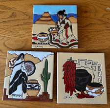 Vintage Earthtones Ceramic Art Tiles Trivets Set of 3 - Leone Kuhne 1984/1990 picture