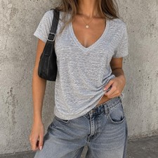 GAP Linen Blend V-Neck T-Shirt Womens Large Gray Short Sleeve Tee picture