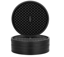 Set of 6 Silicone Coasters *High Quality* Cup Mat Pad With Holder Round Black picture