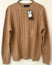 Polo Ralph Lauren Men’s Cable Knit Cotton Crewneck Sweater Brown Navy Pony M NWT picture