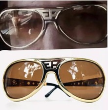 Elvis 70's Style ETA Sunglasses with EP & TCB logos. Gold W/ Amber Lens. EPE NWT picture