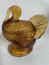 Vtg L.E. Smith Amber Glass Turkey Lidded Candy Dish  7.5