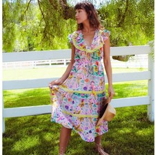 Bell by Alicia Bell Sylvie Midi Dress Tropical Print Ruffle Pom Pom Size Small picture