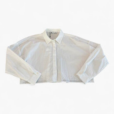 NWT ZARA White Cropped Button-Up Shirt, Long Sleeve, Rhinestone Hem, Size L picture