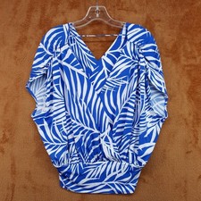 INC Top Womens Medium Blue White Palm Leaf Tropical Pleated Surplice Faux Wrap picture