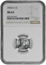 1943 S 1c Lincoln Steel Wheat Cent NGC Graded MS 65 in New Holder picture
