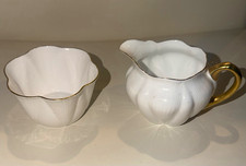 Shelley Fine Bone China White & Gold Trim Creamer Sugar Bowl Set w/ Handles picture