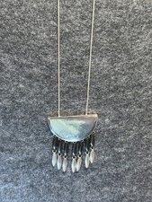  Vintage Liz Claiborne LC Half Moon Fringe Pendant Necklace Silver Tone Hematite picture