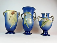 Roseville Pottery Pine Cone Blue 3 Vase Set 709-10 911-12 848-10 Vintage 1930s picture