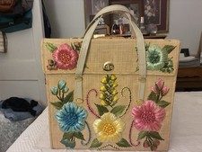 1960’s - 70’s Hand Woven Oversized Tote Bag Floral Appliqués Mexican Straw Yarn picture