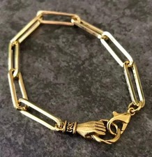 Hold On Hand Paper Clip Bracelet 100% Pure 925 Silver 14K Yellow Gold Plated picture
