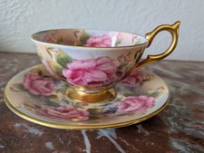 Rare Aynsley Cabbage Roses Teacup Tea cup Saucer Flowers Gold Pink Repaired picture