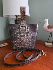 Brahmin Faith Bucket Bag Charcoal Pewter Metallic Croc Embossed Leather Bag picture