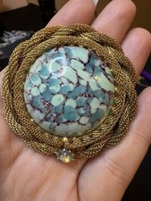 Vintage Hubble Glass Brooch Blue Green Cabochon Gold Tone Mesh AB Rhinestone picture