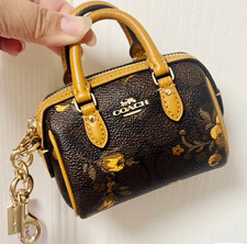 Coach Floral Mini Handbag Charm Keychain Brown Tan Gold Zipper Logo Detach picture
