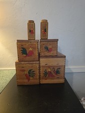 VTG 60s Japanese Wood Kitchen Canister Set Farmhouse Rooster Decor W/ Shakers picture