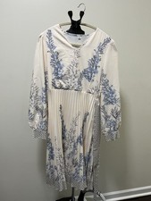 Womens Cream Blue Botanical Print Pleated Midi Dress Size M Blouson Sleeve picture