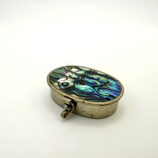 Vintage Mexican Alpaca Abalone Shell Pill Trinket Box Hinged Fob Made Mexico picture
