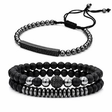 3PCS Black Bead Bracelet Set Adjustable Hematite Stone Stack Jewelry picture